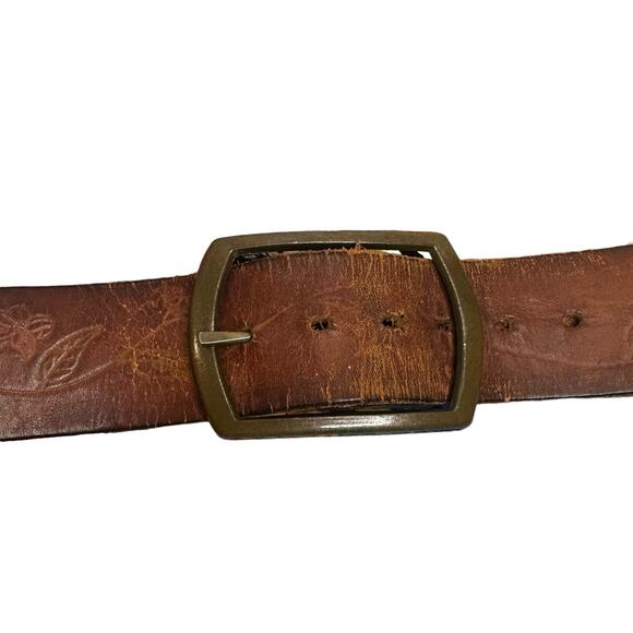 Brown Leather Unbranded Etched Design Men's Belt sz 38 - Picture 2 of 9